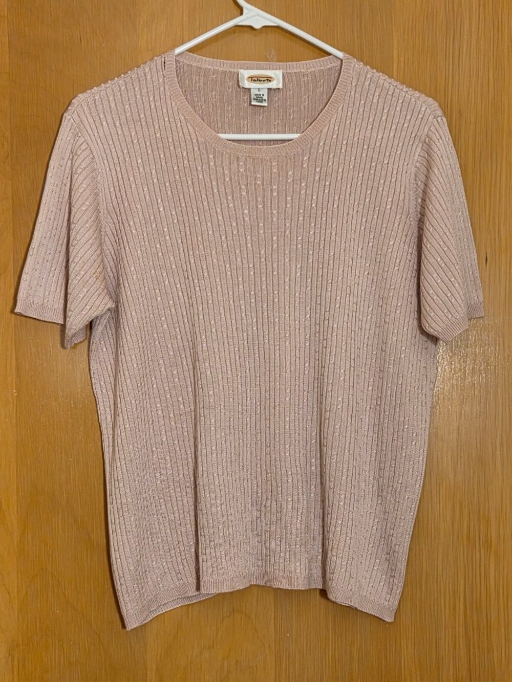Talbots 100% Silk Cable Knit Short Sleeve Sweater Sz L Powder Pink Quiet Luxury
